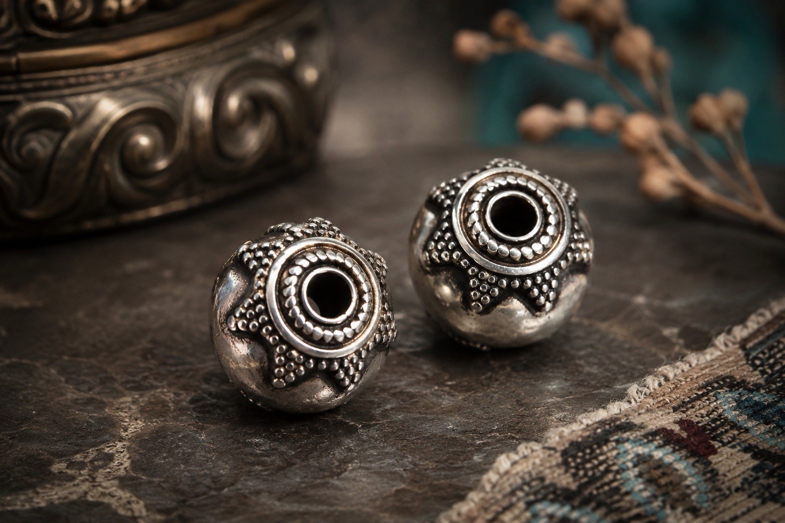 Vintage Bali Style Sterling Silver Large Beads Pair 6.9g Granulated Artisan