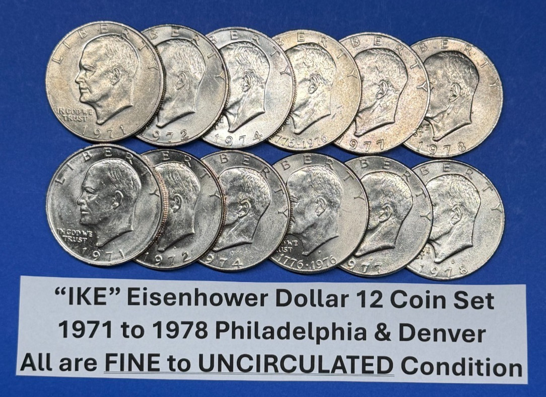 Complete IKE Eisenhower Dollars Set of 12 Lightly Circulated Coins 1971-1978