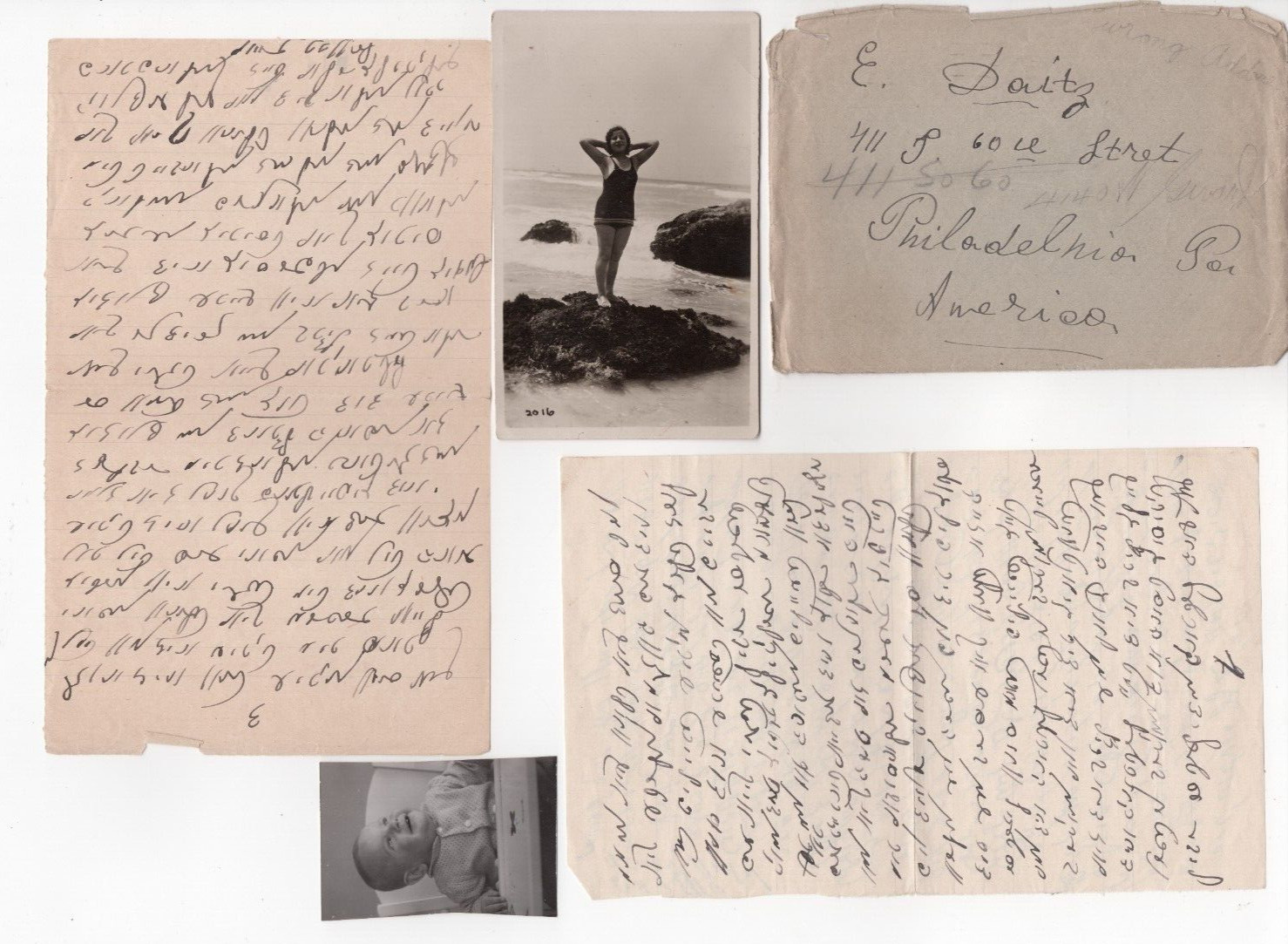Antique Jewish Judaica Letter with envelope and Photos Rare 1940s