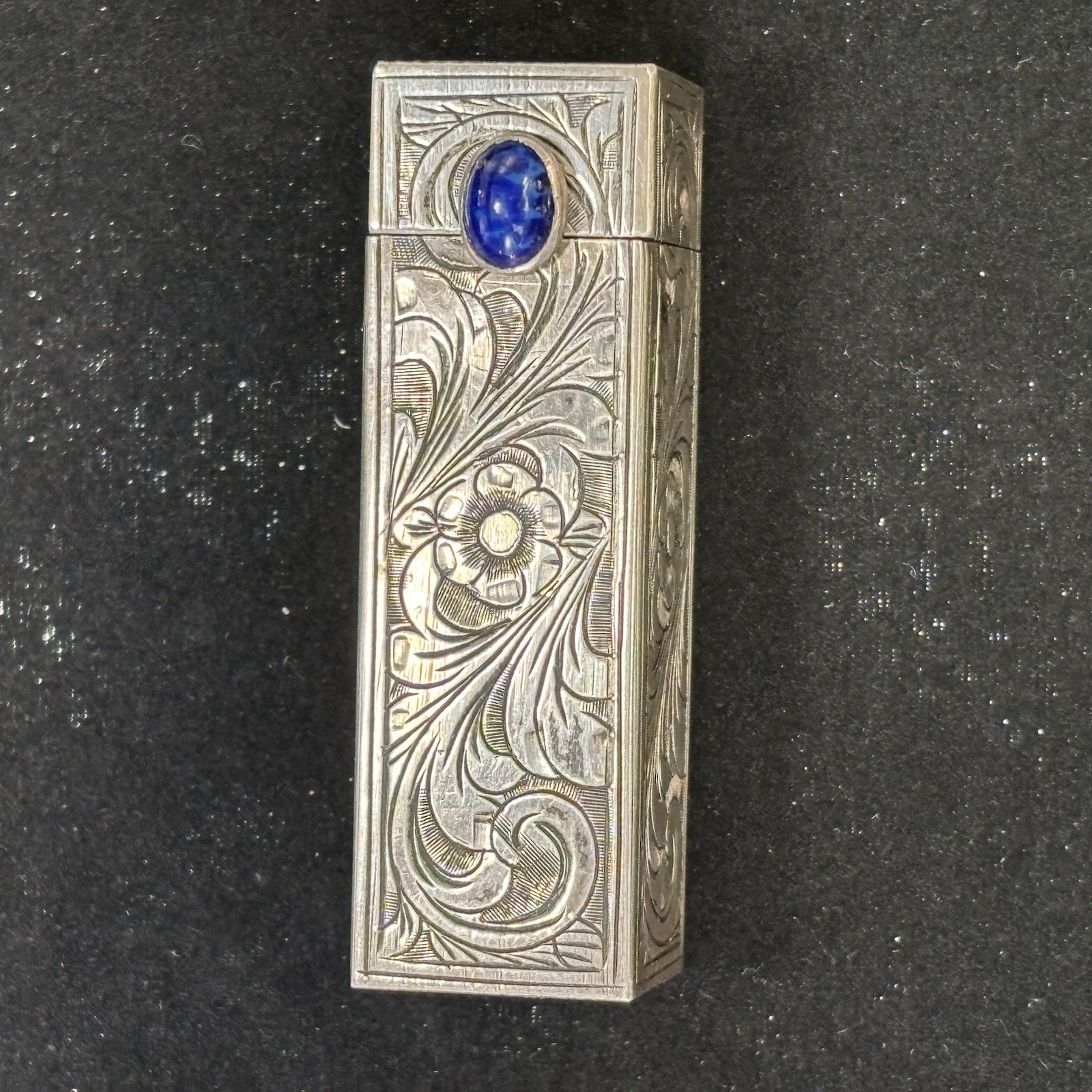 Vintage Italian 800 Silver Hand Etched~Lapis Cabochon Lipstick Holder w/Mirror Vintage Italian 800 Silver Hand Etched~Lapis Cabochon Lipstick Holder w/Mirror