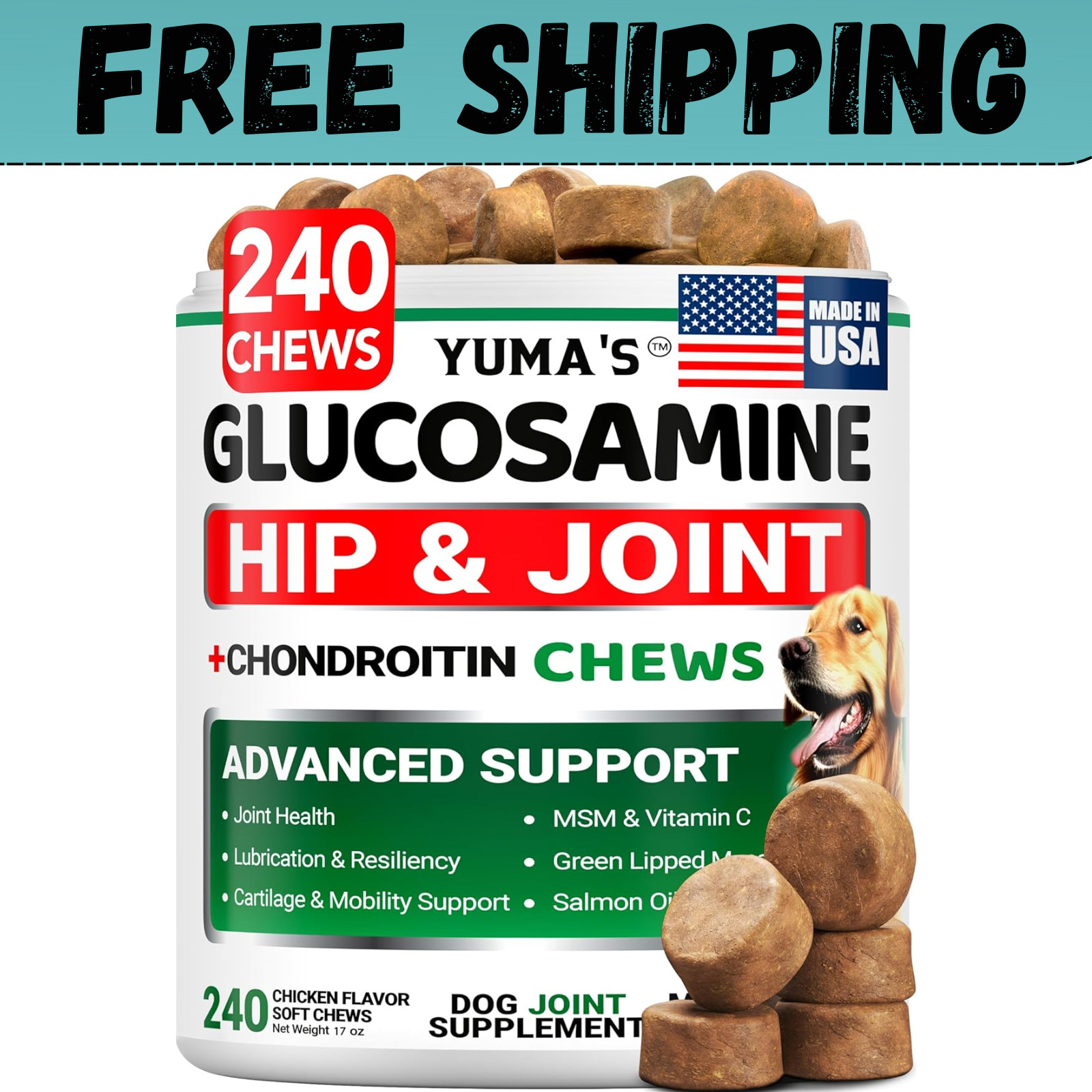 Glucosamine for Dogs - 240 Chews - Hip and Joint Supplement for Dogs Made in USA