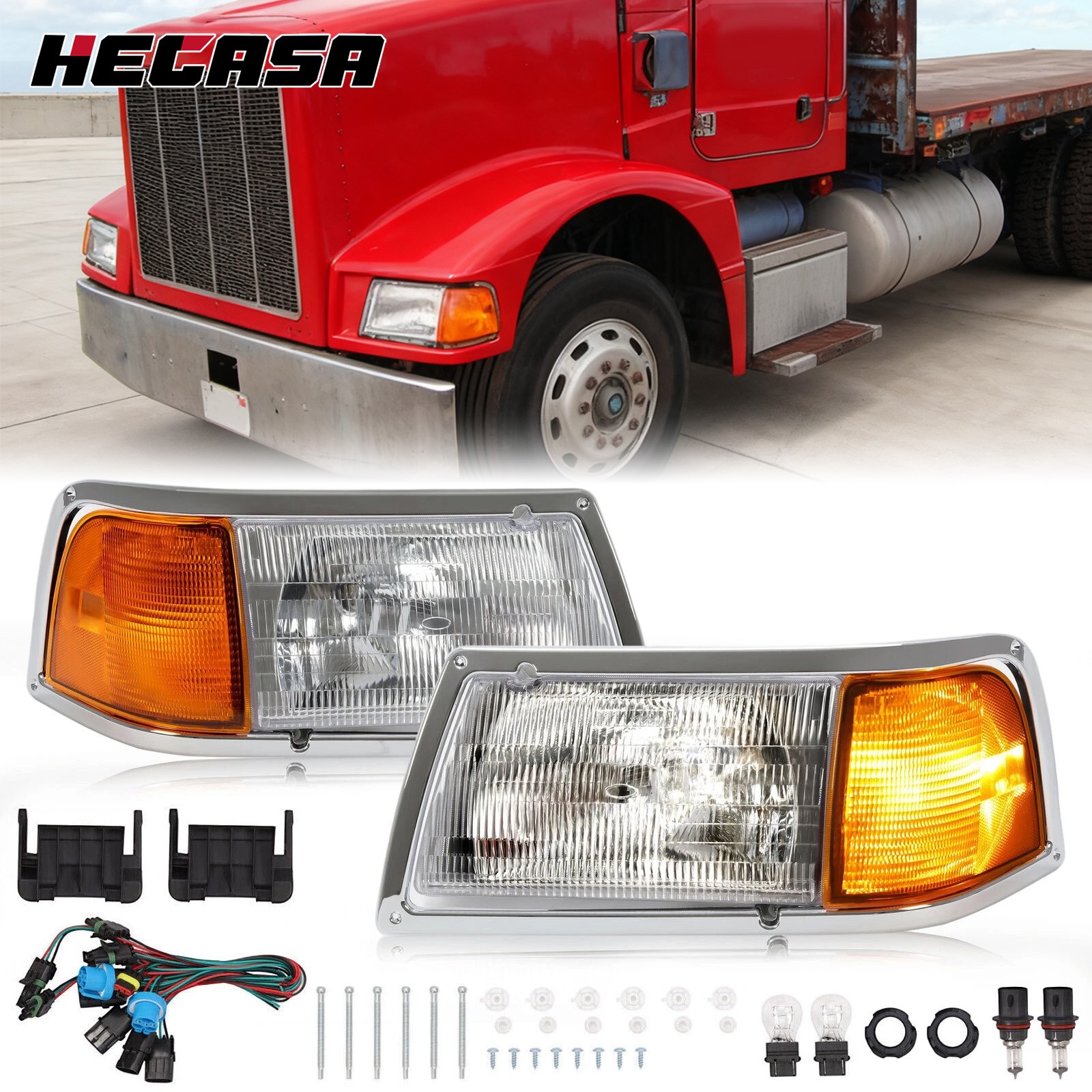 Pair Headlight w/Adjusters + Corner Light & Bezel For Peterbilt 375 385 Halogen Pair Headlight w/Adjusters + Corner Light & Bezel For Peterbilt 375 385 Halogen