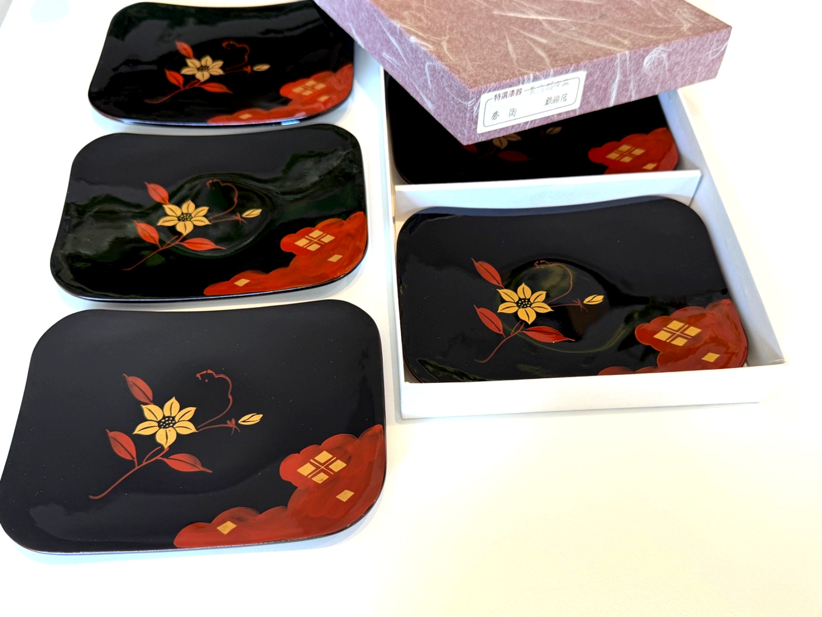 Vintage Japanese Hidehira Lacquerware 5pc Plates Tessenka Flower Original Box