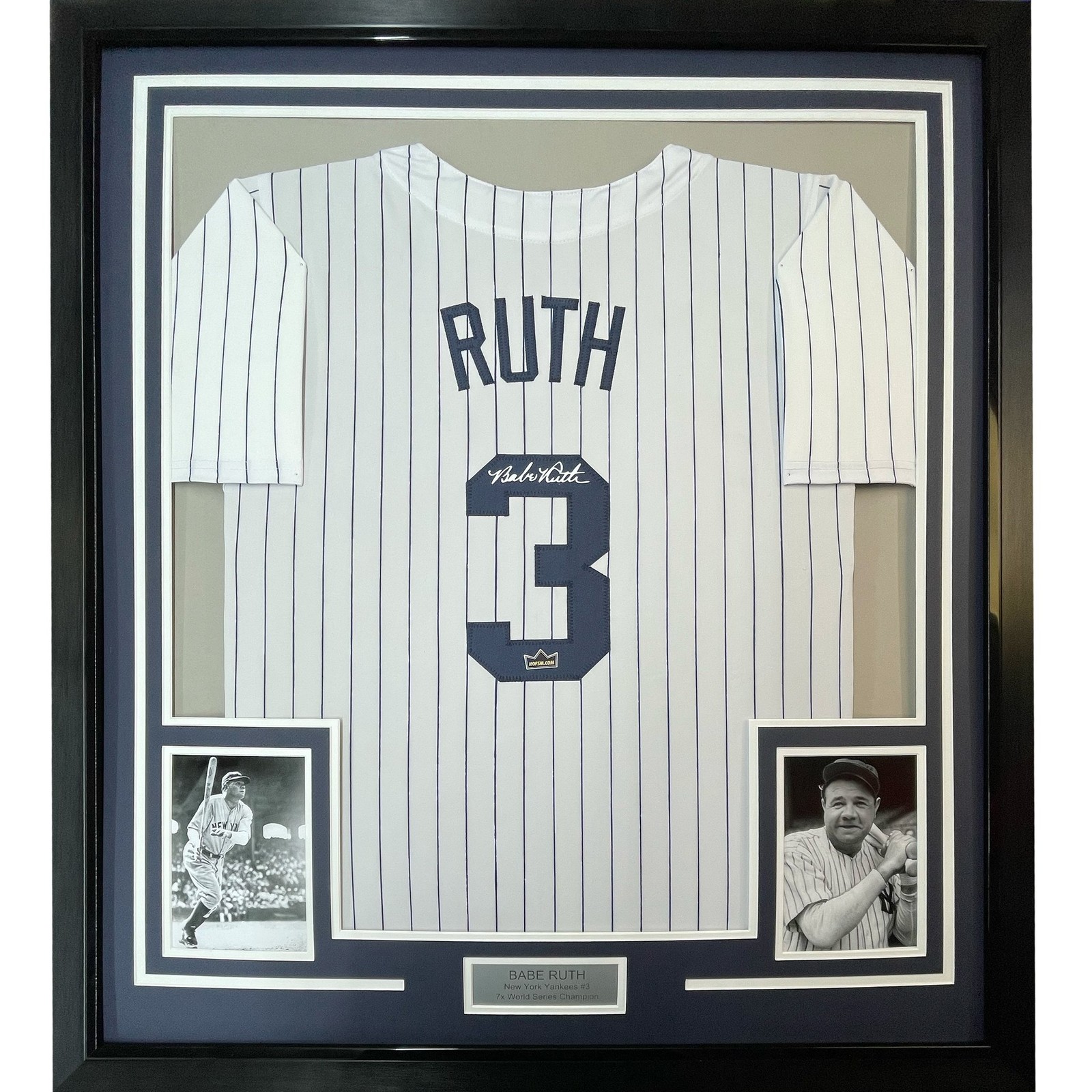 Framed Facsimile Autographed Babe Ruth 35x39 Pinstripe Jersey