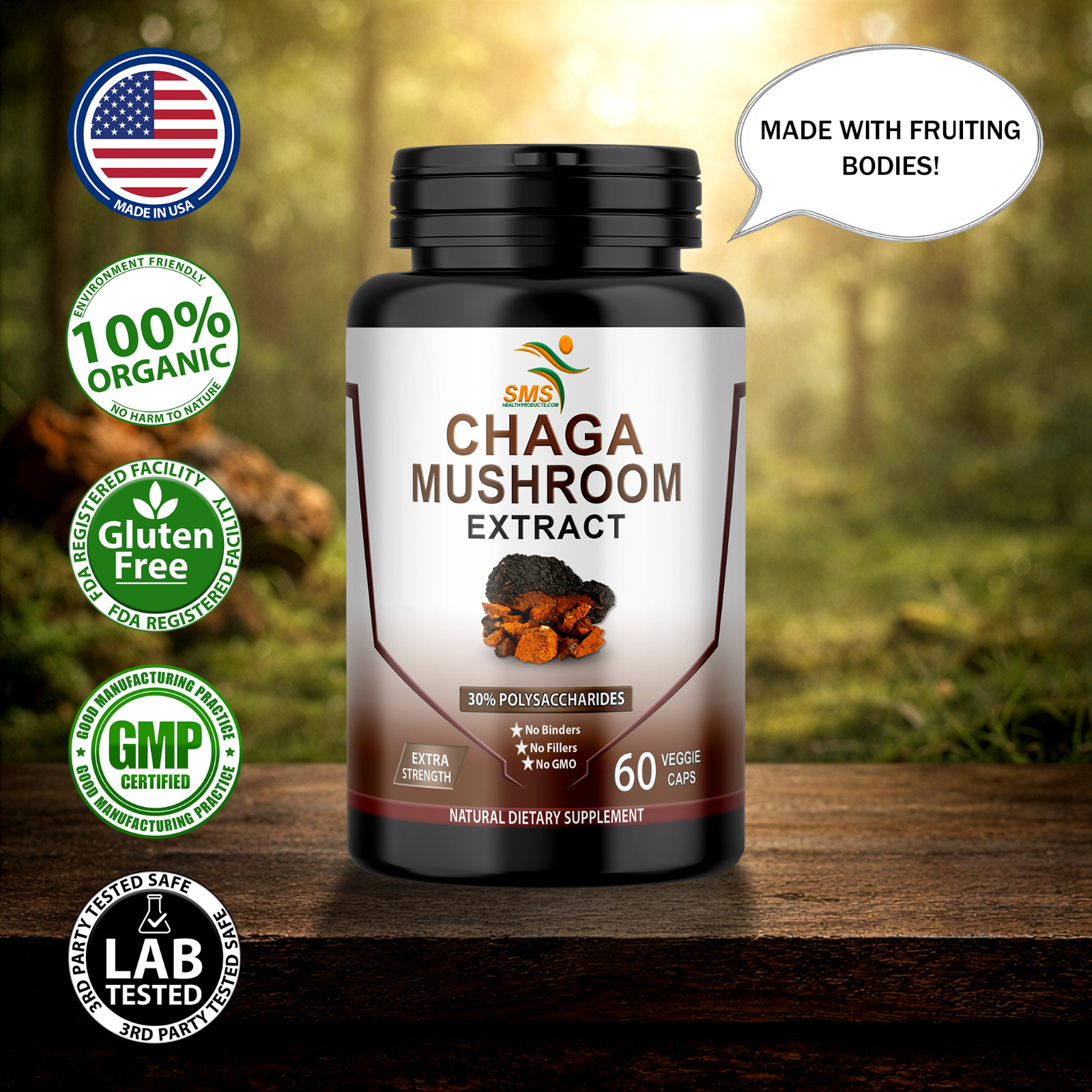 Chaga Mushroom Extract (Inonotus Obliquus) With 30% Polysaccharides 60 Veg Caps
