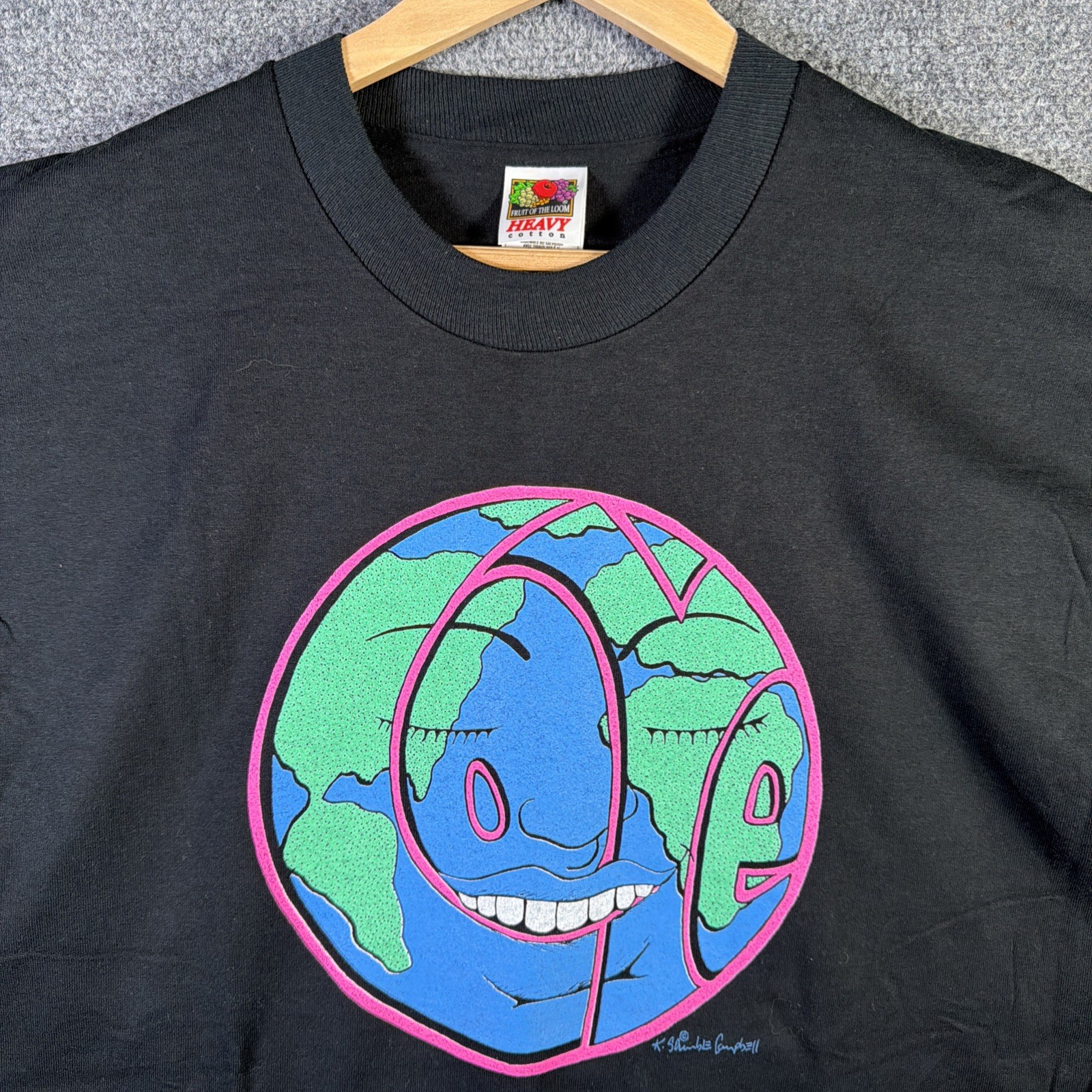 Vintage Earth Shirt Mens Large Black 90s Planet Love Art Abstract Day Smile Rare