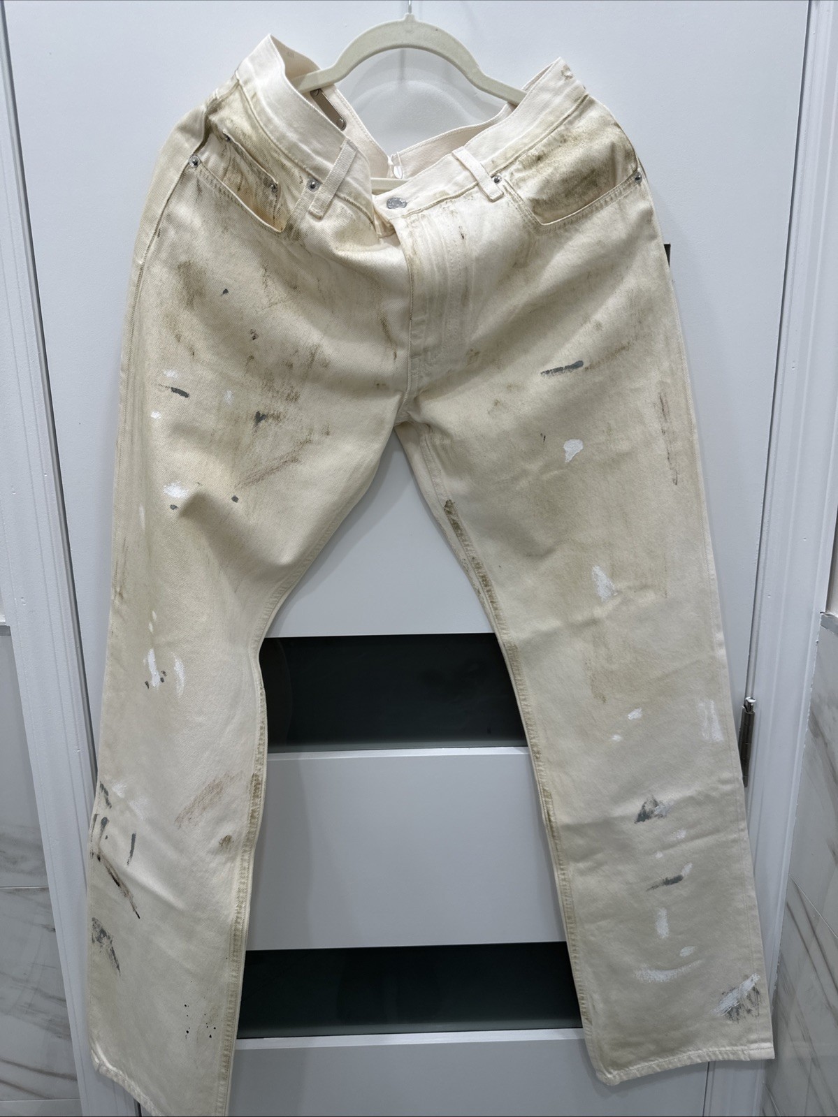 HELMUT LANG OFF WHITE LOW RISE PAINTED JEANS
