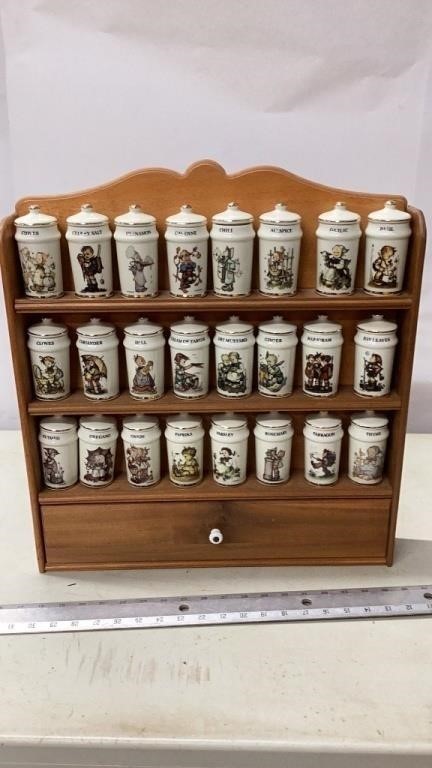 Vintage 1987 Hummel Spice Jar 24pc Collection w/ Wooden Wall Rack UN-USED