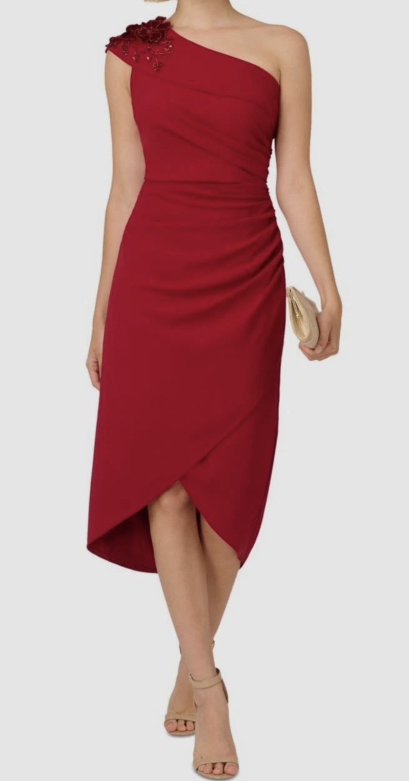 Adrianna Papell Cranberry Red Beaded-Shoulder Ruched-Side Dress Petite Size: 6P