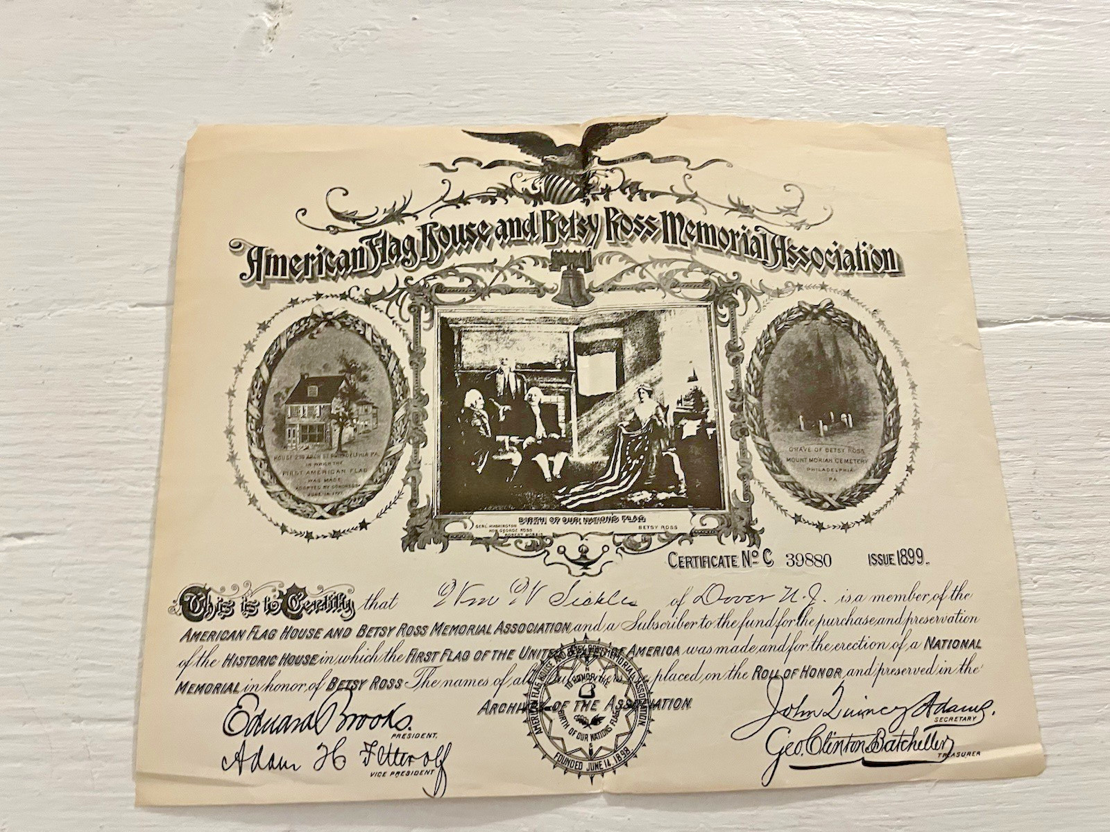 Antique 1899 American Flag House and Betsy Ross Memorial Association Certificate Antique 1899 American Flag House and Betsy Ross Memorial Association Certificate