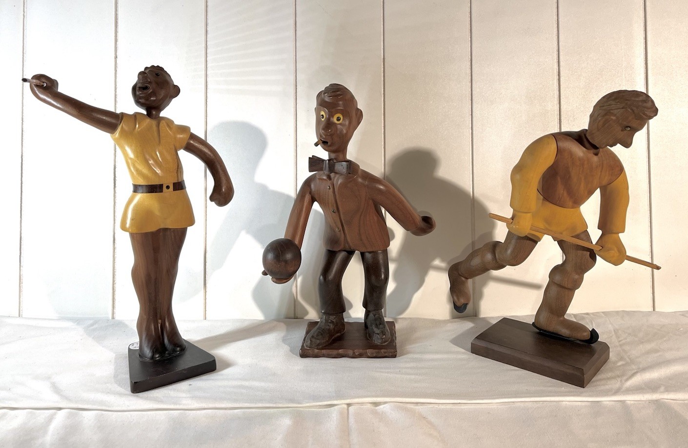 Vintage Maro Italy Hand-Carved Wooden Athlete Figurines – Mid Century Set Of 3