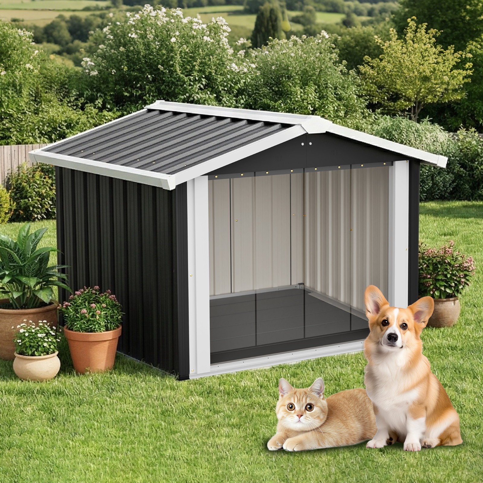 Large Metal Dog House Outdoor Indoor Pet Dog Shelter w/ PVC Door for Large Dogs Large Metal Dog House Outdoor Indoor Pet Dog Shelter w/ PVC Door for Large Dogs