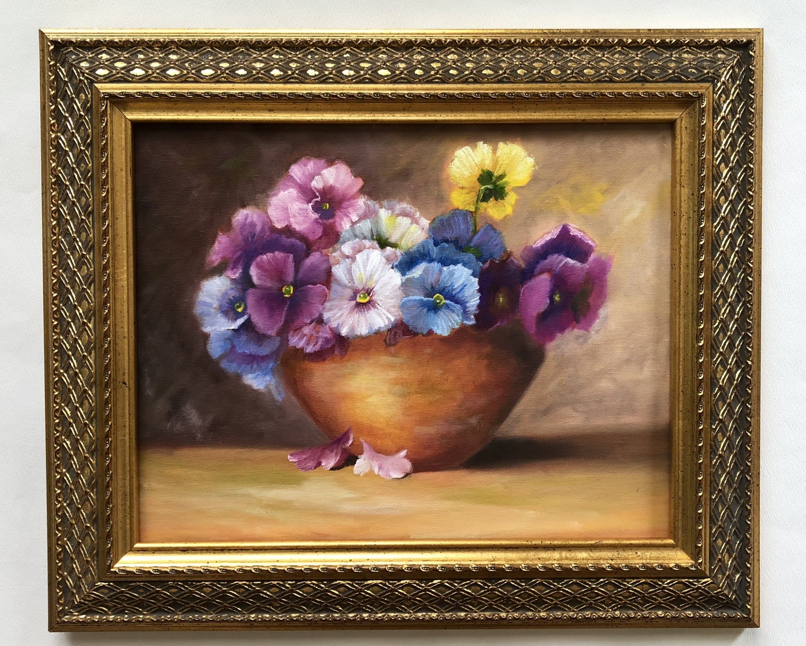18x15” Original Oil Painting Pansies Flowers Floral Gold Frame Signed By Artist
