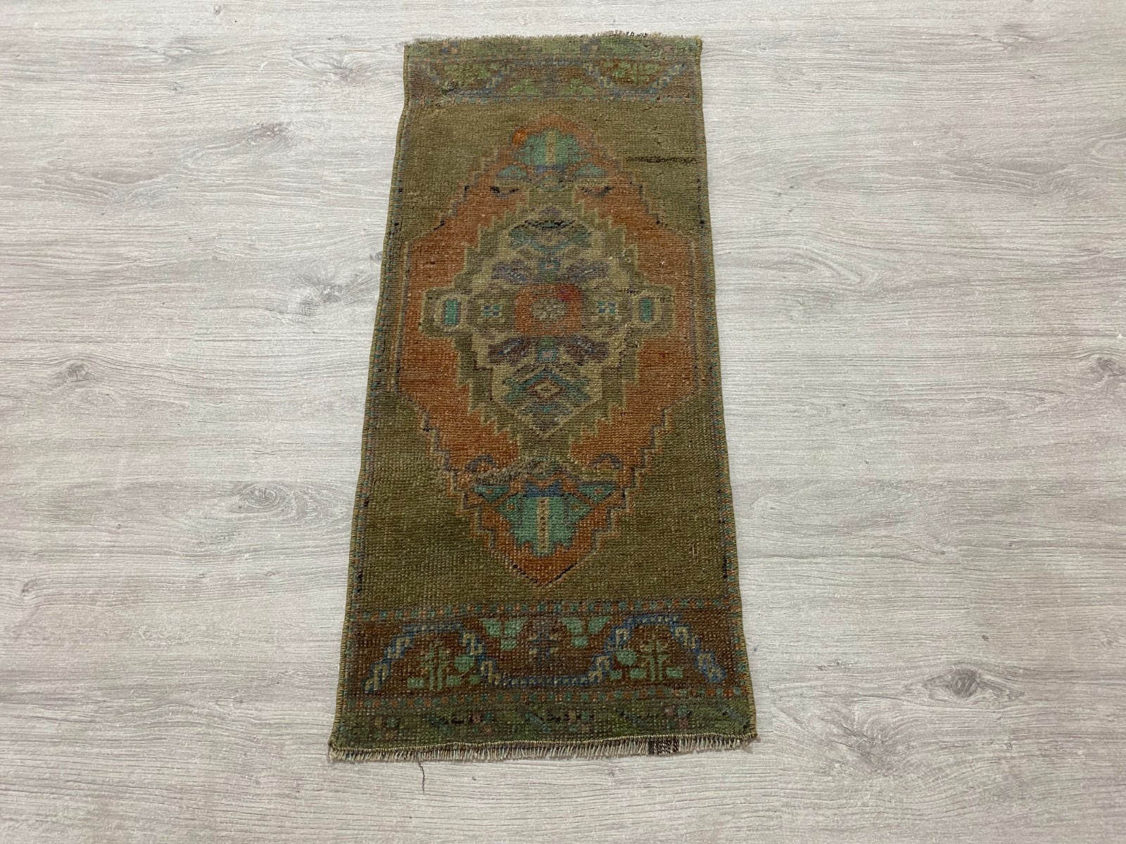 Brown Orange Turkish Runner Rug Handmade Vintage Wool Hallway Rug 1.2x2.8 Ft