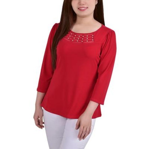NY Collection Petite 3/4 Sleeve Crepe Knit Strip Top Women\'s PM Bold Red