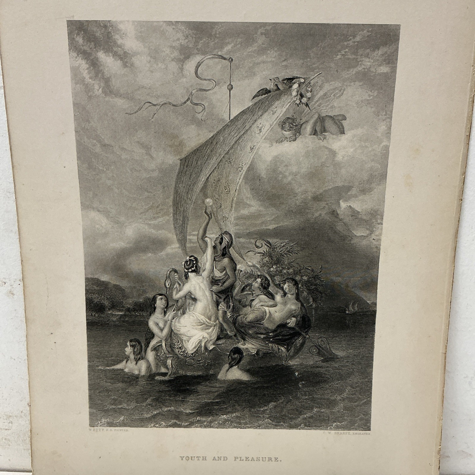 William Etty Antique Engraving Youth and Pleasure/ Allegorical Figures on a Boat