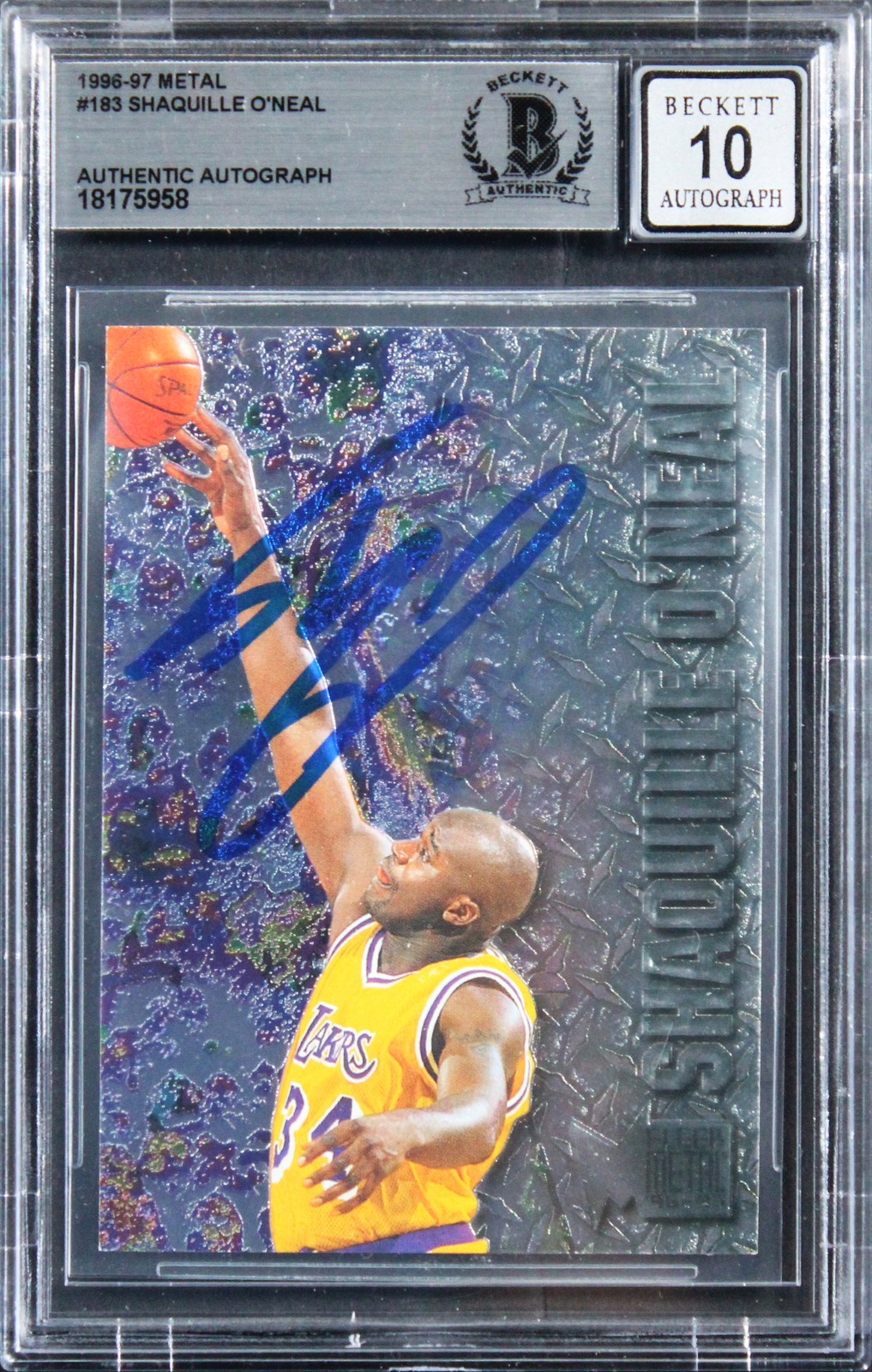 Lakers Shaquille O\'Neal Signed 1996 Metal #183 Card Auto Graded 10 BAS Slabbed