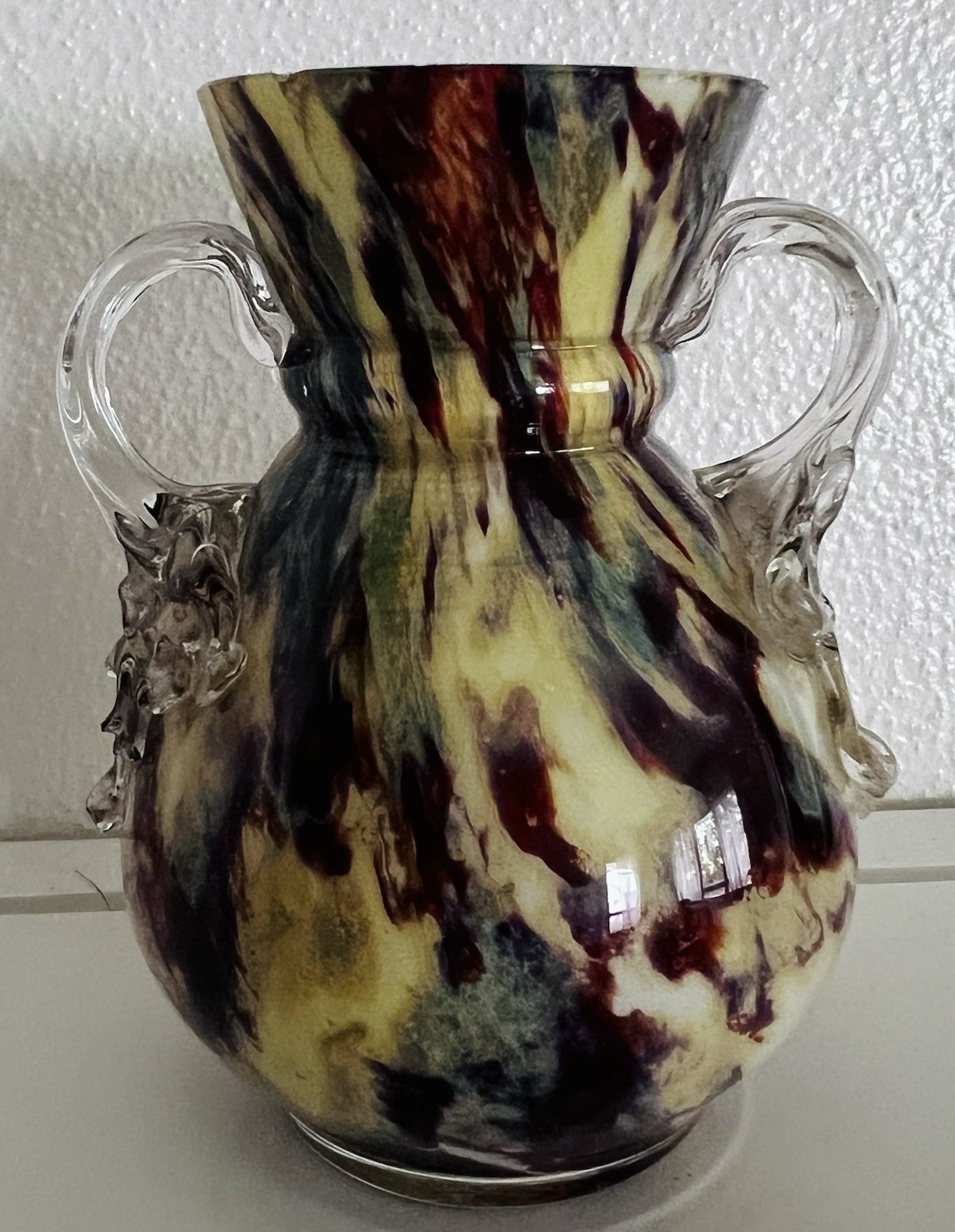 Antique Bohemian Spatter Glass Vase w Applied Handles – Franz Welz Style