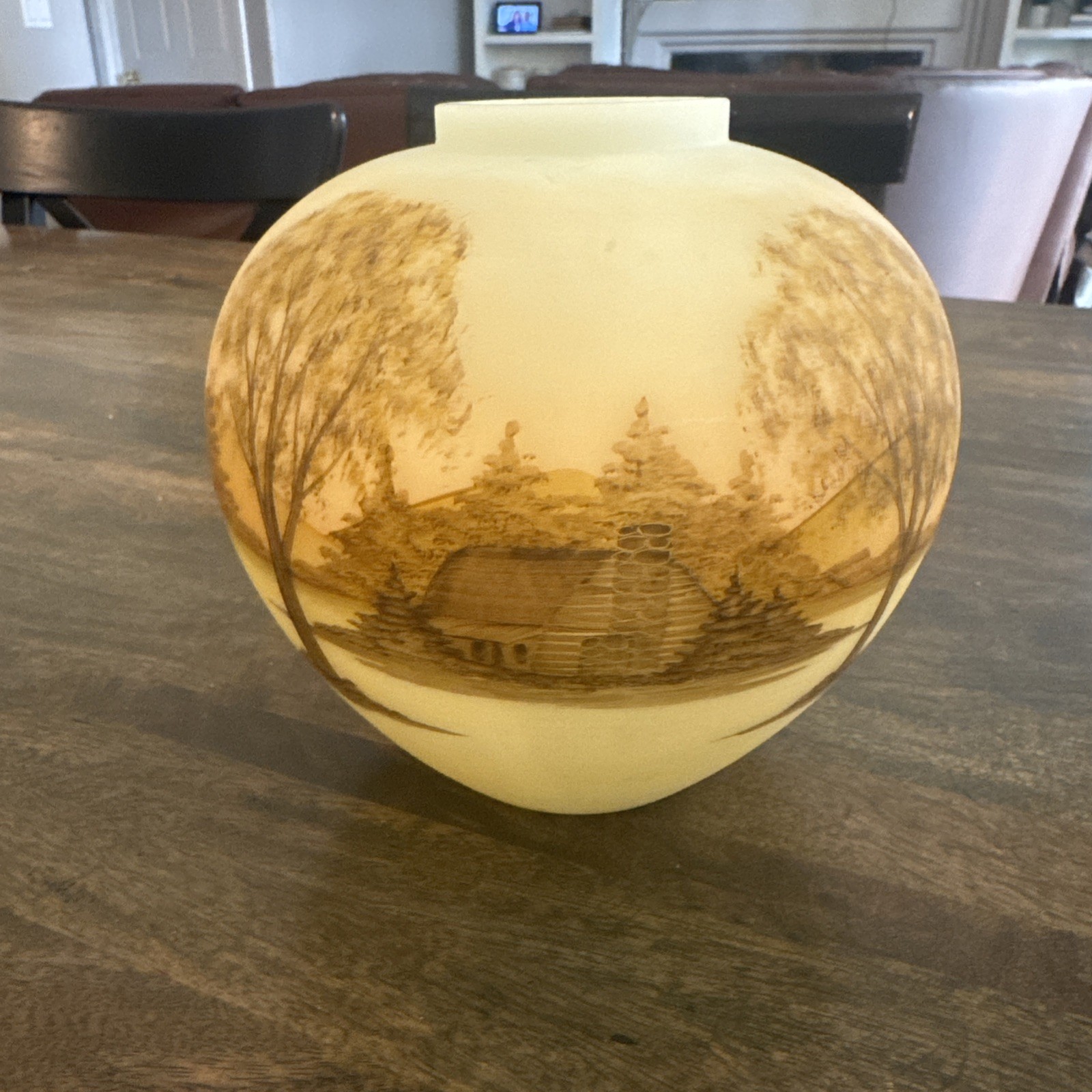 Fenton Hand Painted Log Cabin Custard Burmese Ginger Jar Signed, No Lid Fenton Hand Painted Log Cabin Custard Burmese Ginger Jar Signed, No Lid