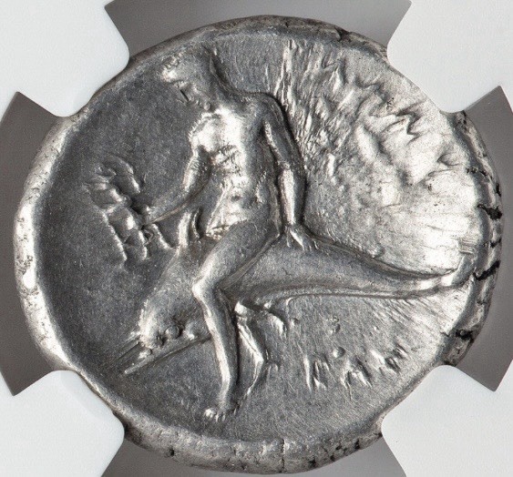 Calabria Taras 302-280 BC Silver AR Didrachm Ancient Greek Dolphin Coin NGC ChVF