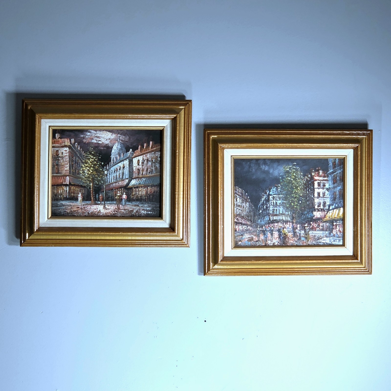 Pair Vintage Paris Street Scene Oil Paintings Signed Framed