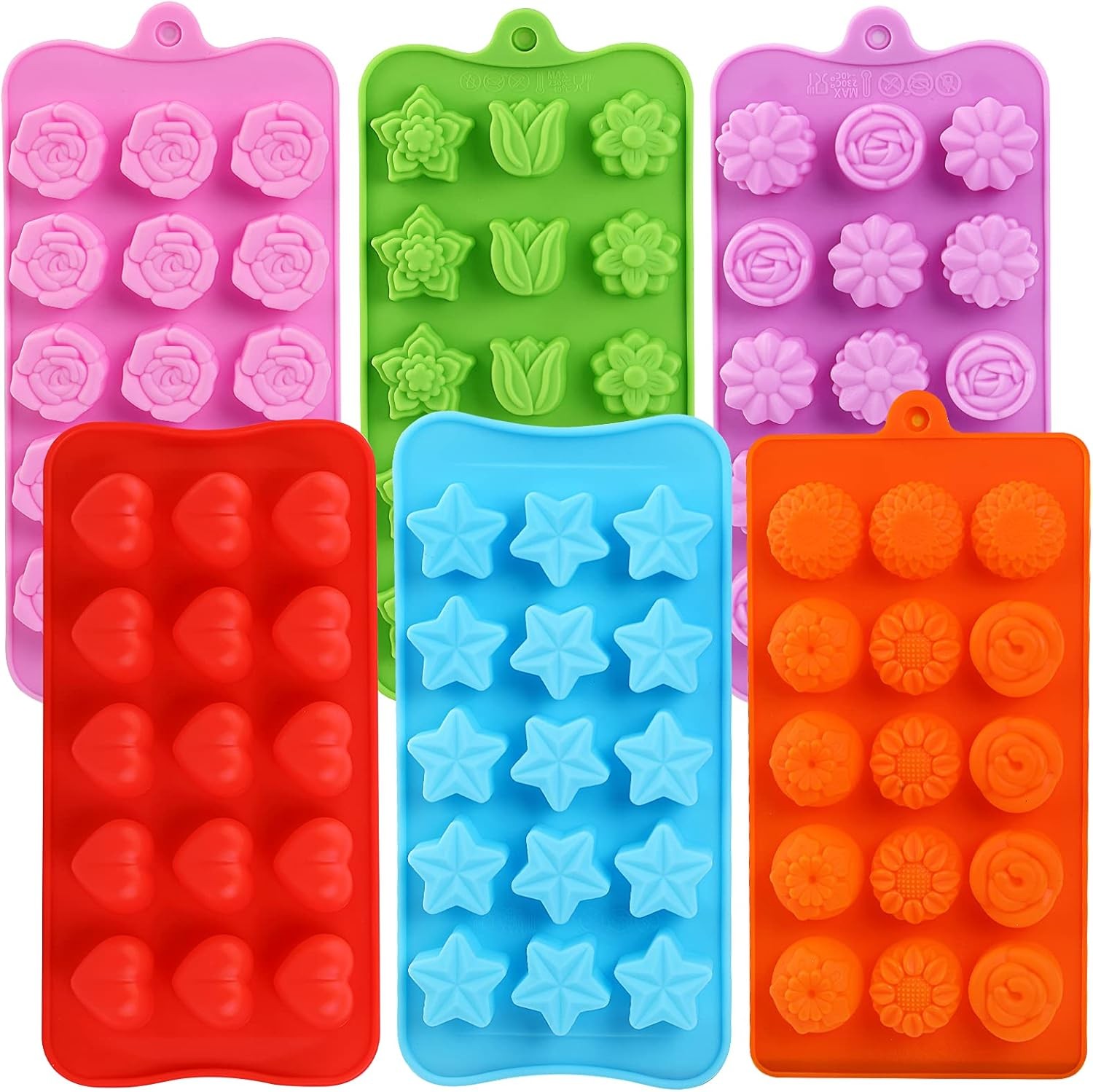 FIRETREESILVERFLOWER 6-Pc Silicone Candy Mold, Heart/Rose/Star/Flower for Baking
