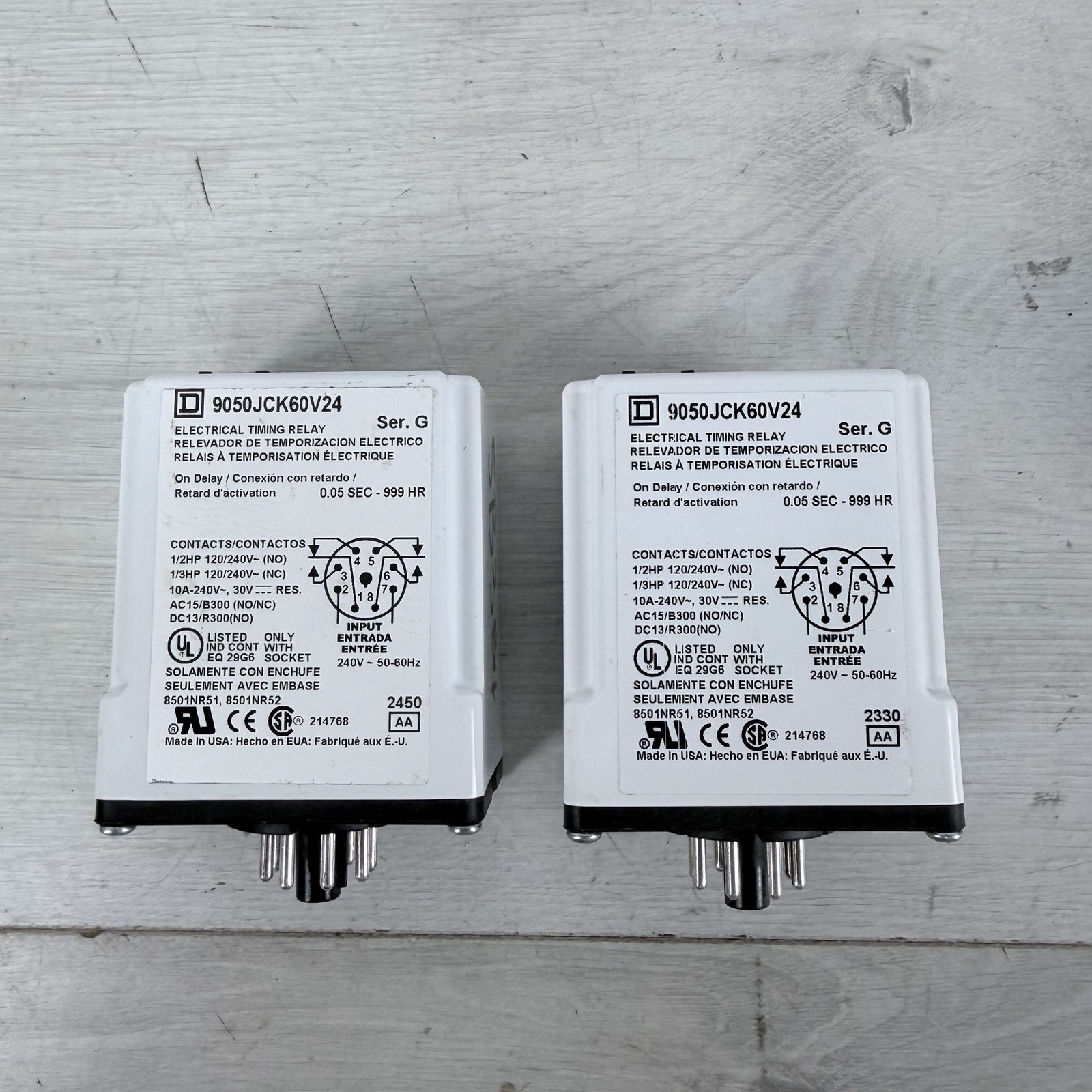 x2 SCHNEIDER ELECTRIC 9050JCK60V24 Timer Relay 240 VAC 10 Amp Plus Options