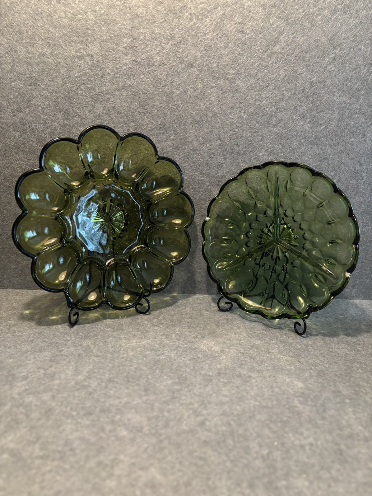 Vtg Anchor Hocking Avocado Green Glass Deviled Egg Plate and Relish Tray Vtg Anchor Hocking Avocado Green Glass Deviled Egg Plate and Relish Tray