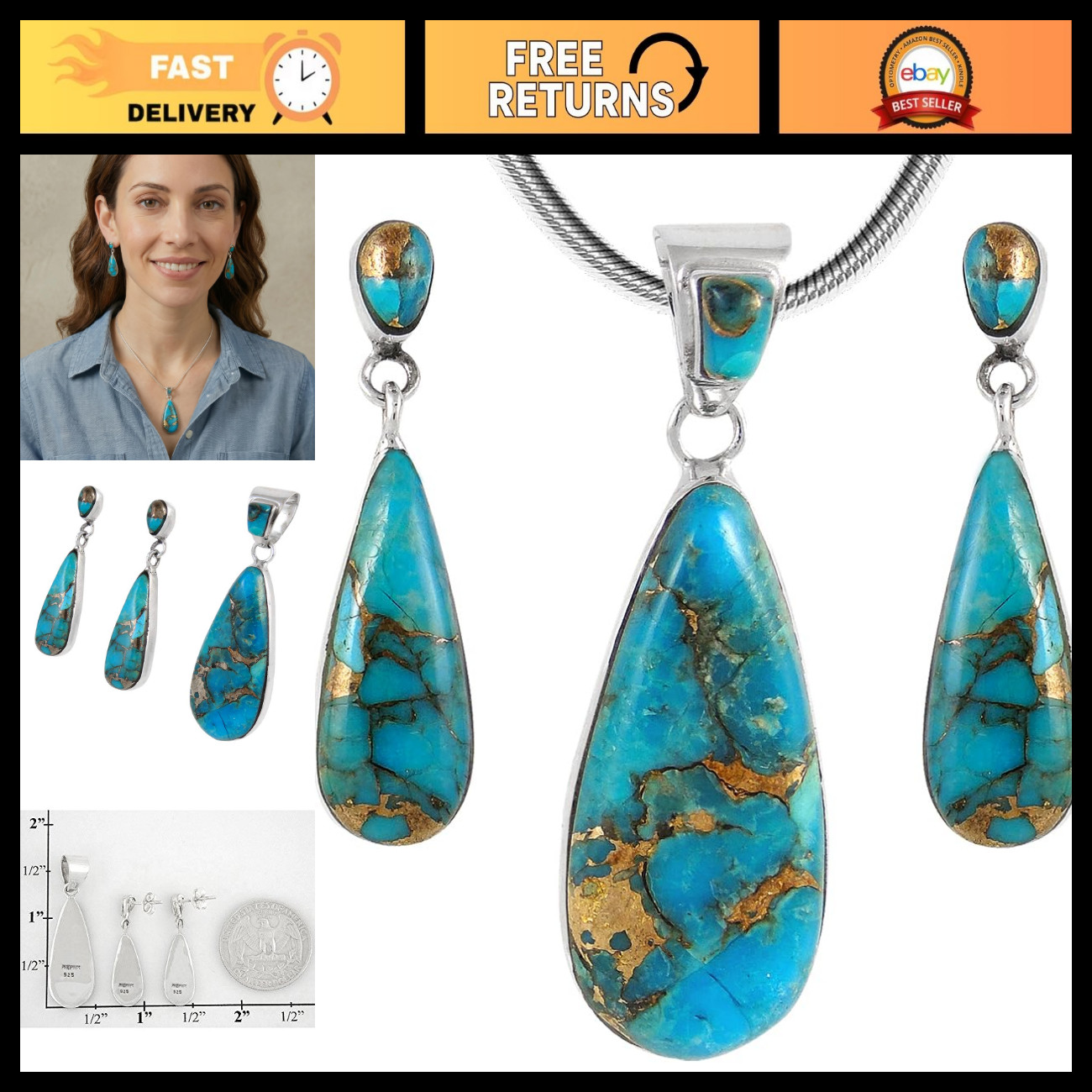 Turquoise Pendant & Earrings Set - 925 Sterling Silver Jewelry, 20\