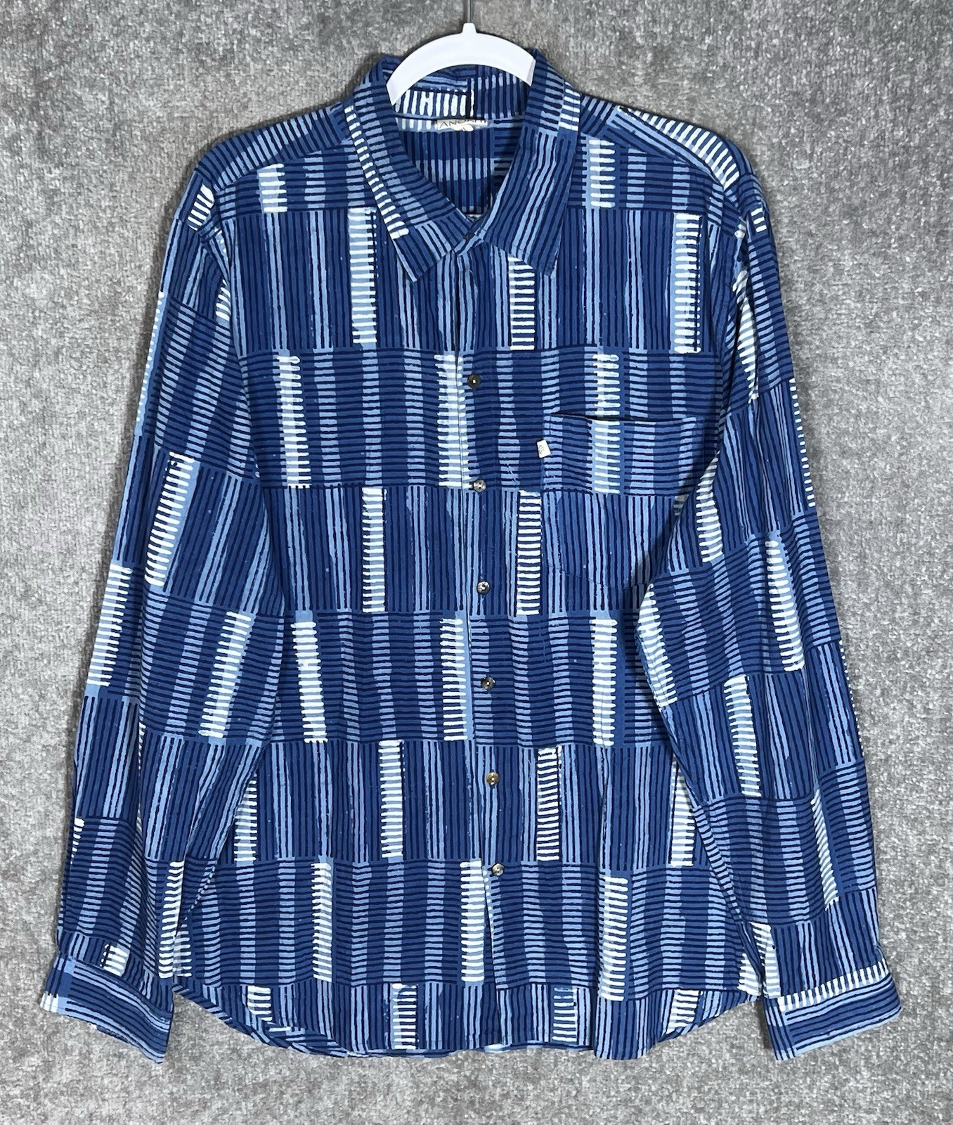 ANOKHI Button Up Shirt Mens Size XL Blue Striped Geometric Cotton Chest Pocket ANOKHI Button Up Shirt Mens Size XL Blue Striped Geometric Cotton Chest Pocket