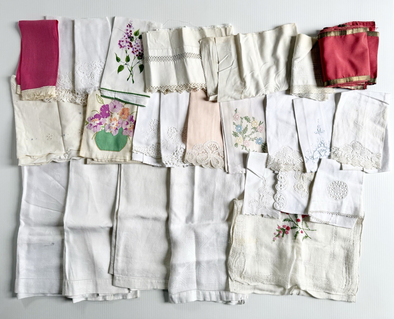 Large Vintage Linen Lot- Handmade, Embroidered, Table Runners, Napkins Etc