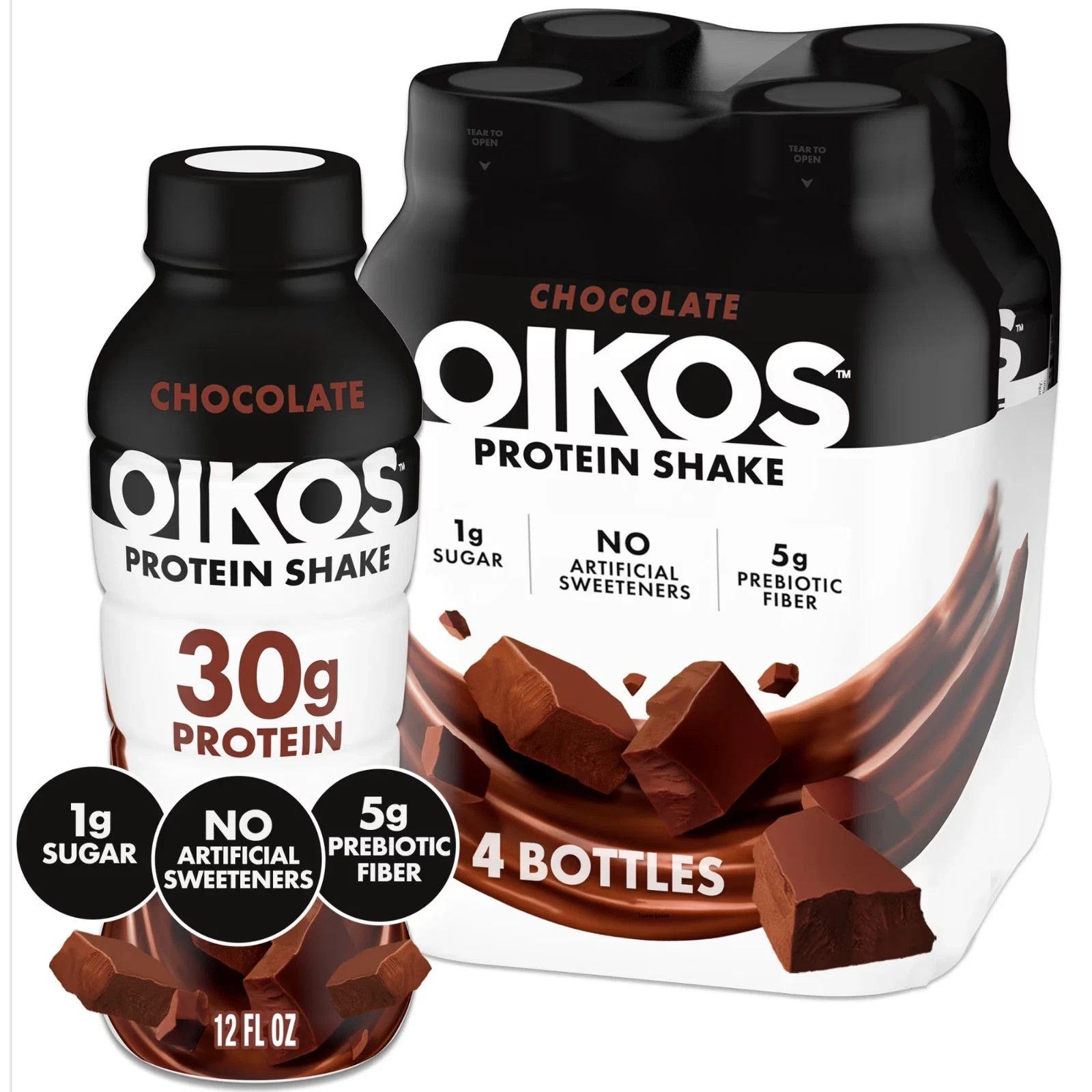 Oikos Protein Shake Shelf Stable Chocolate,30g Protein 12 fl Oz 4 Count​ Bottles