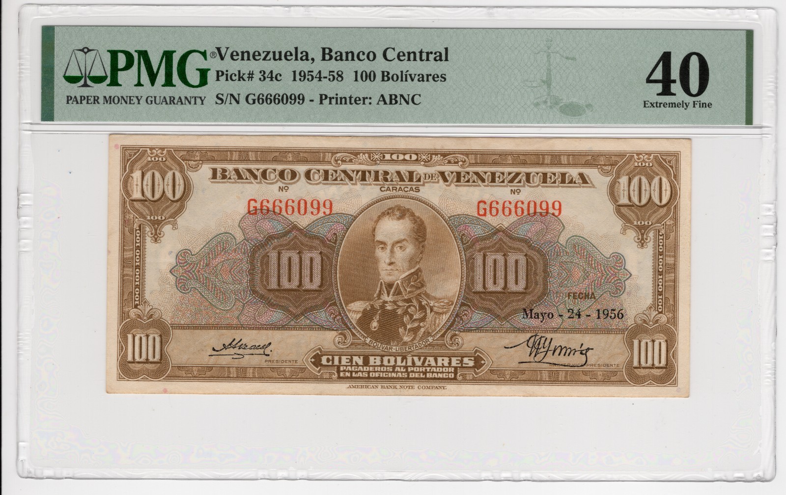 Venezuela, Banco Central 100 Bolivares 24/05/1956 G666099 Pick #34c XF 40 PMG