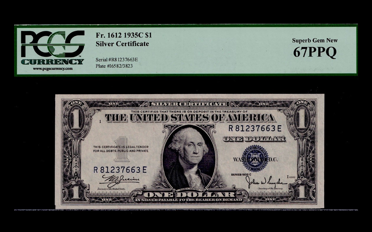 1935C $1 Silver Certificate. FR: 1612. PCGS Graded: 67 PPQ. RE BLOCK. RARE GRADE