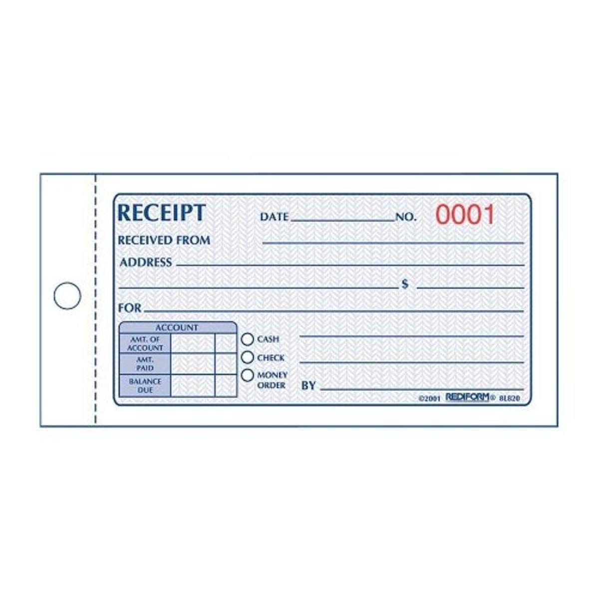 Carbonless Money Receipt Book 2.75 x 5.625 White Yellow 50 Duplicate Forms