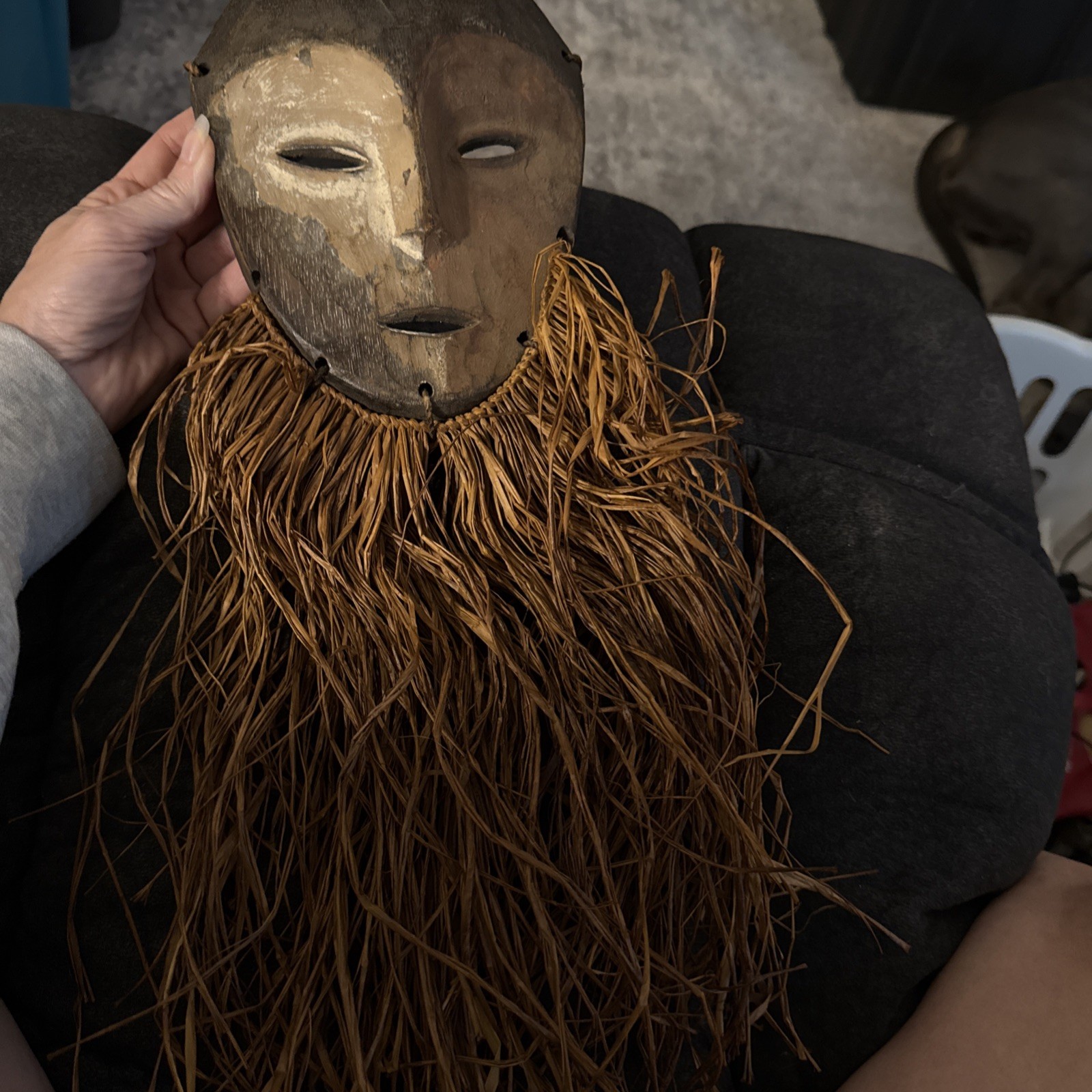 Lega wood carved Bwami Society Mask with Raffia beard Congo