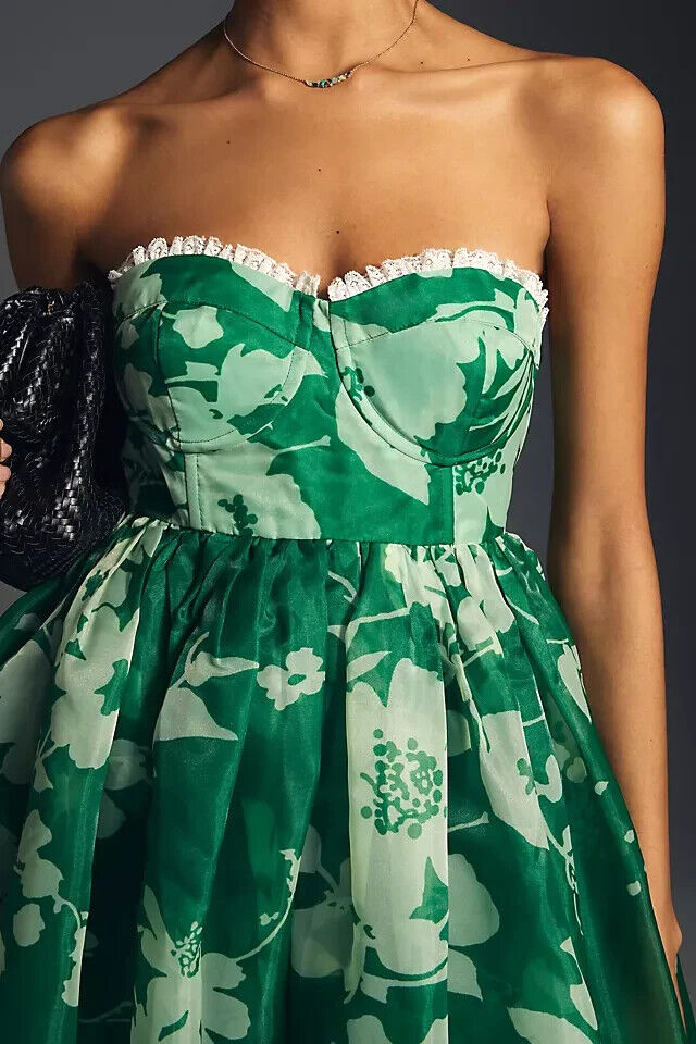 Anthropologie Selkie Floral Corset Dress Puff Hem Green Tea Party Size L NEW