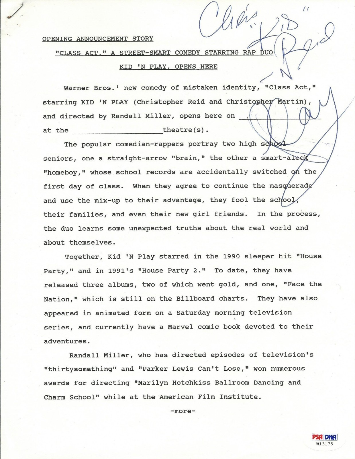 Kid \'n Play Signed Original Class Act Opening Announcement Story PSA/DNA COA Rap