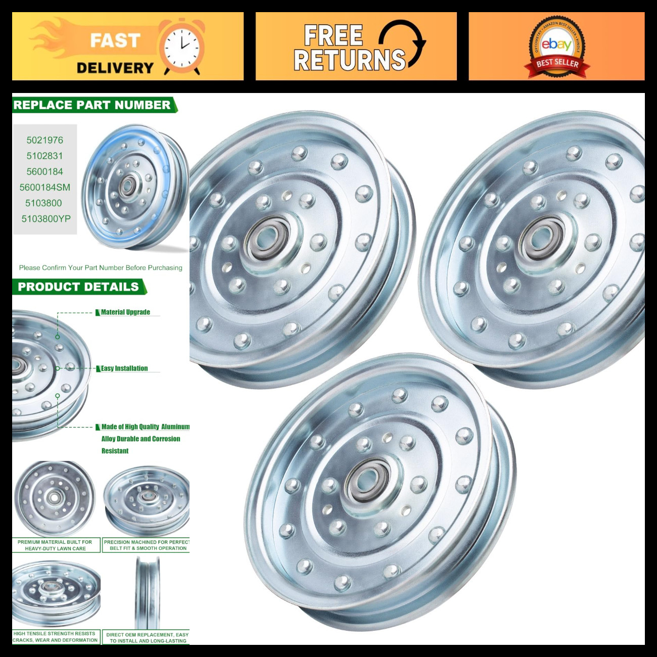 Flat Idler Pulley 3 Pack for Ferris Snapper - Compatible with 5021976, 5102831,