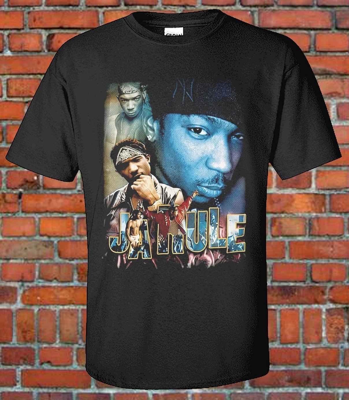 VINTAGE JA 00S HIP HOP RAPPER COLLAGE GRAPHIC TEE BLACK HEAVY COTTON RETRO