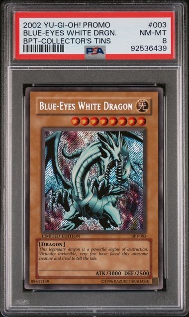 2002 Yu-Gi-Oh Blue-Eyes White Dragon BPT-003 Secret Rare Promo Tin PSA 8 2002 Yu-Gi-Oh Blue-Eyes White Dragon BPT-003 Secret Rare Promo Tin PSA 8