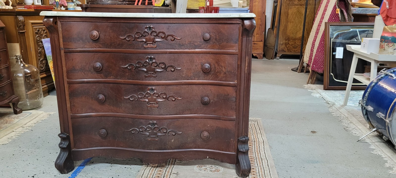 Antique Serpentine Front Chest Of Drawers Marble Top Carved Rosewood 