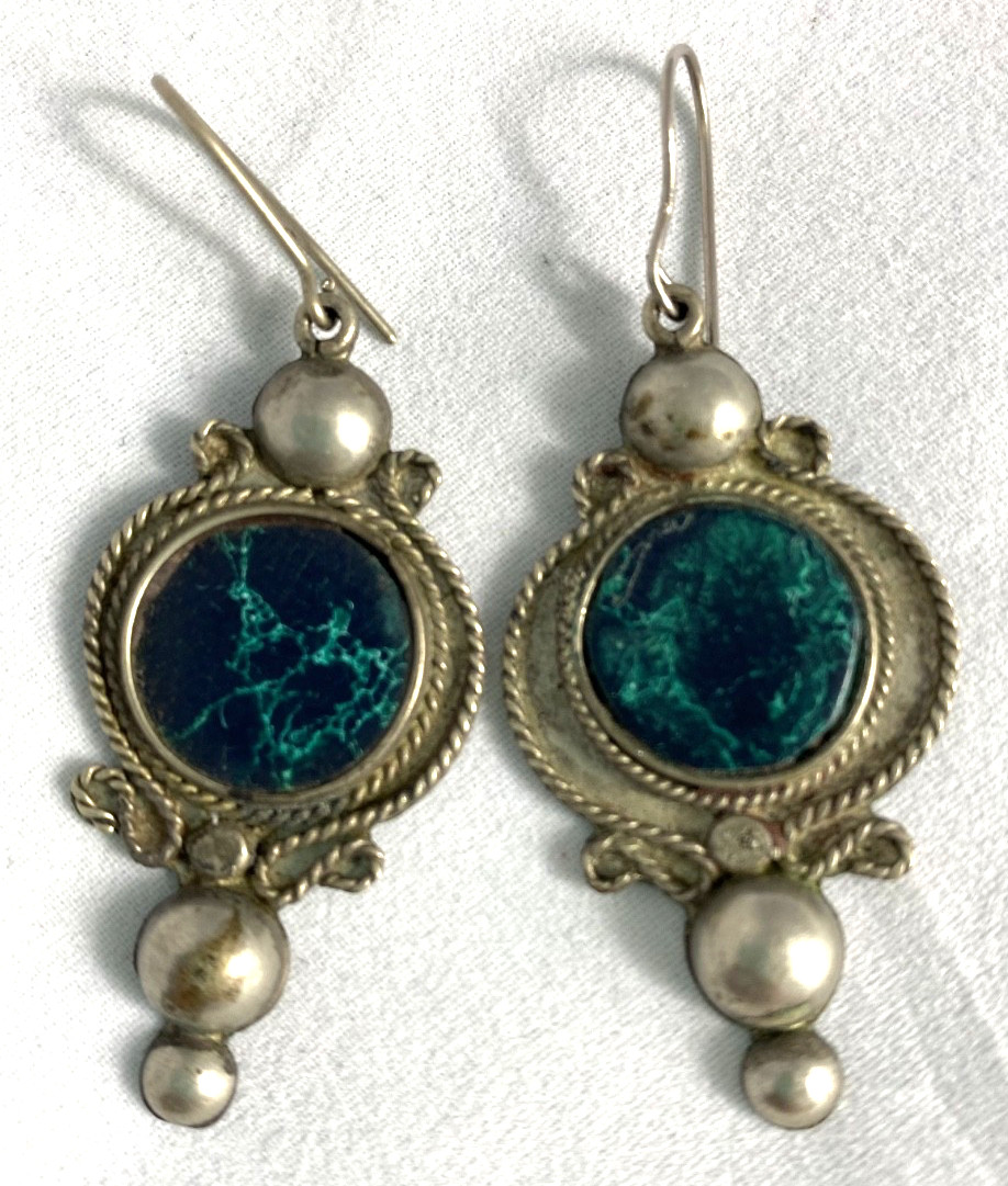 Beautiful vintage InlayEilat stone drop pierced earrings sliver tone finish 1.5\ Beautiful vintage InlayEilat stone drop pierced earrings sliver tone finish 1.5\