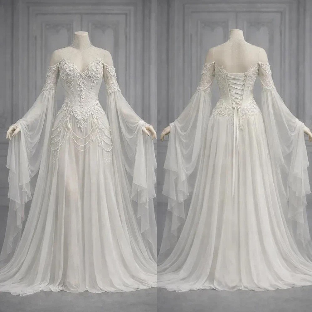 Celtic Chiffon Wedding Dress Cold Shoulder Flared Bell Sleeve Beaded Bridal Gown
