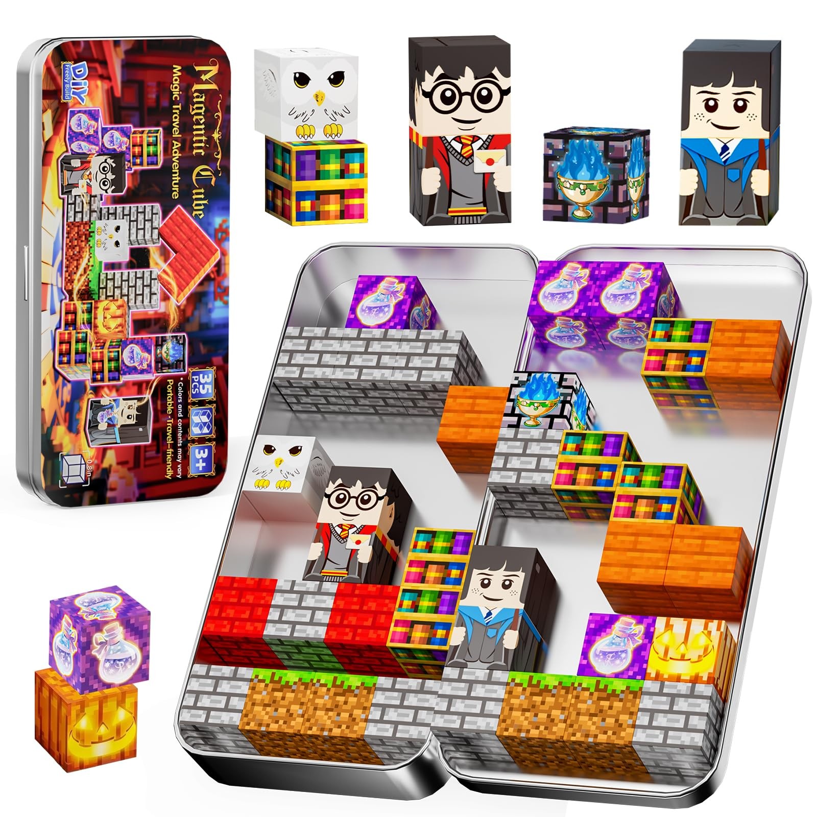 Pocket Cubes Magnetic 35-Piece Mini Blocks Travel Set, Multicolor
