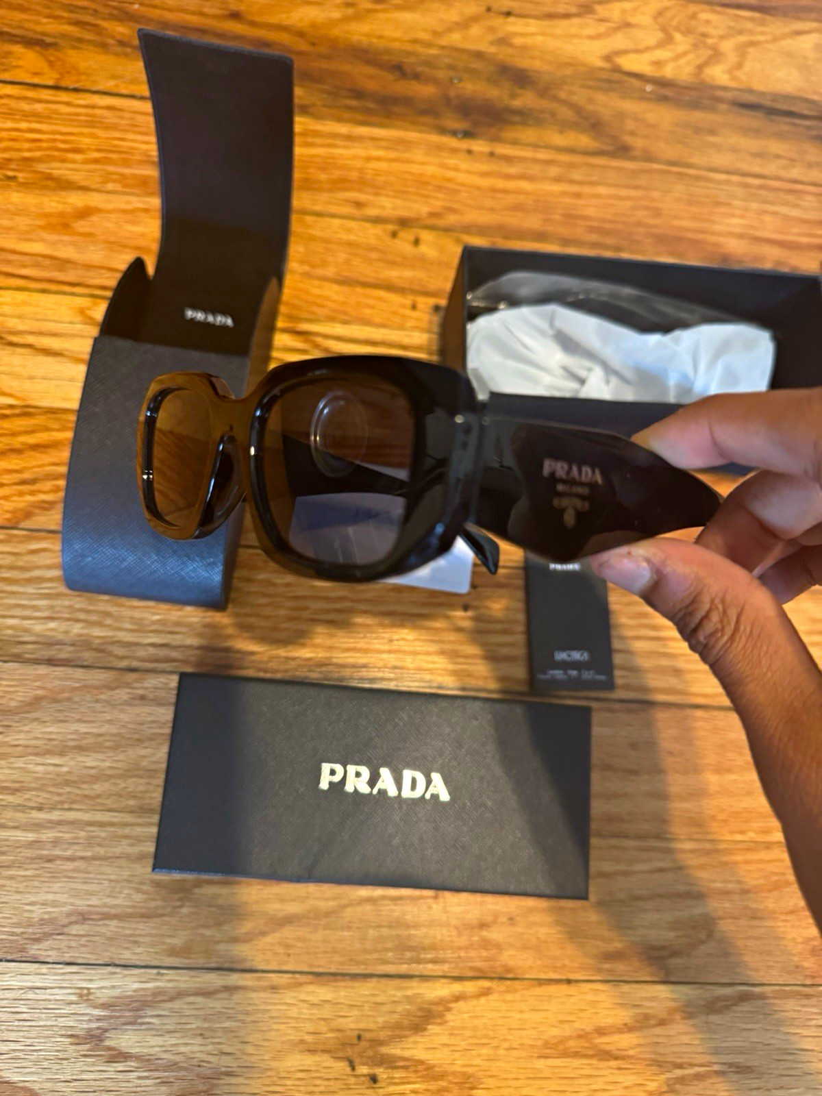 PRADA Milano unisex original logo Sunglasses , Rectangle Black Frame Tinted