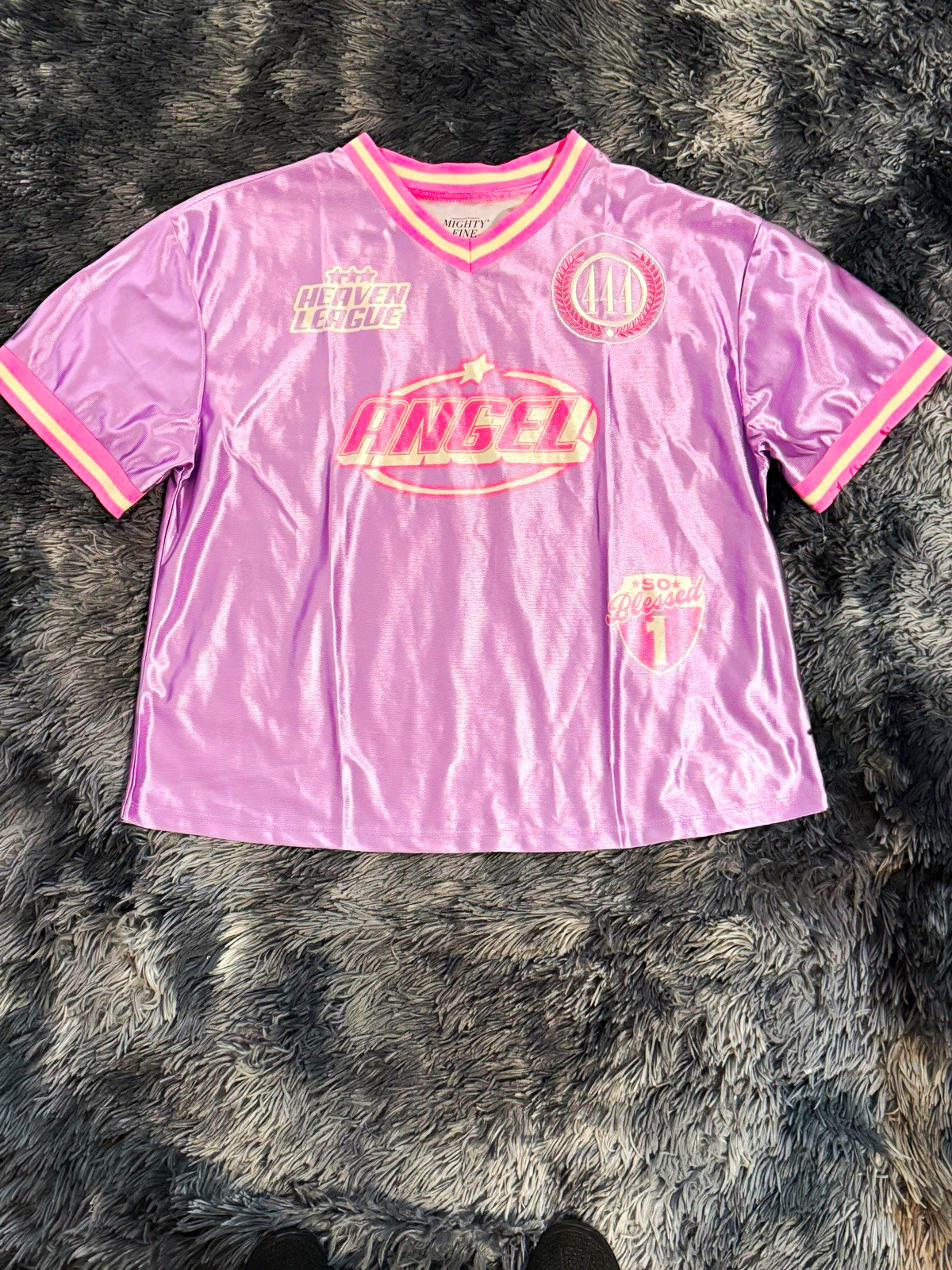 Mighty Fine Heaven League Angel Purple/Pink V-Neck Jersey T-Shirt M Poly size-XL