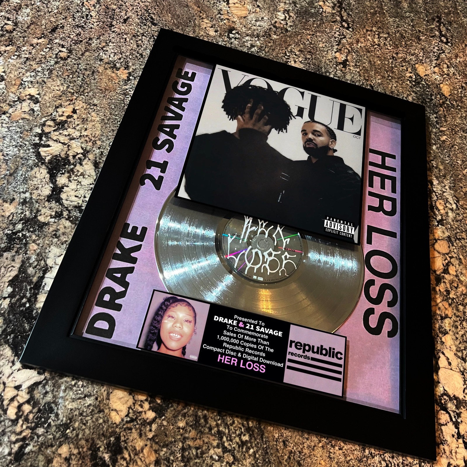 DRAKE / 21 Savage ( HER LOSS ) Platinum Music Award Vinyl LP Record CD