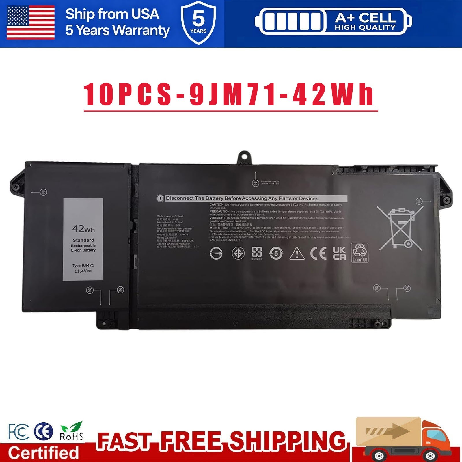 LOT*10 9JM71 42Wh Battery For Dell Latitude 7520 5320 7320 7420 7FMXV 4M1JN