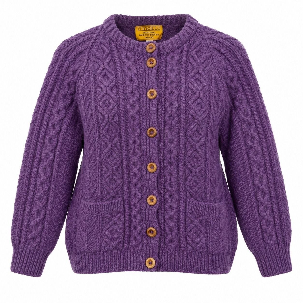 O\'Maille Ireland Hand Knit Wool Cable Cardigan Purple Wood Button Sweater Womens